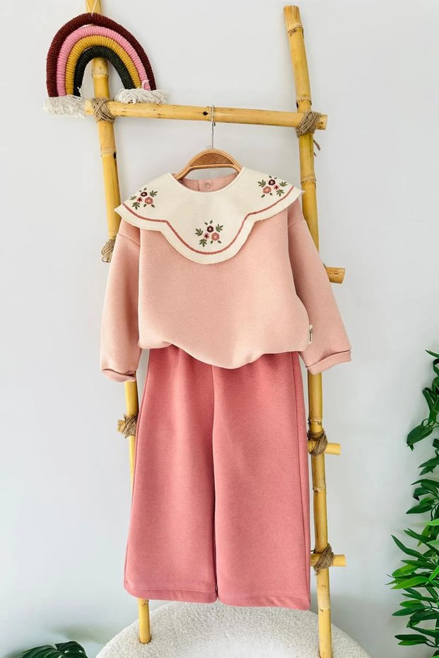 My Little Girl's Winter Suit with Embroidered Collar and Asymmetrical Detail - Dusty Rose
