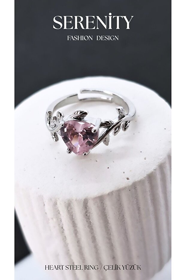 Pink Zircon Stone Heart Steel Ring with Leaf Figure