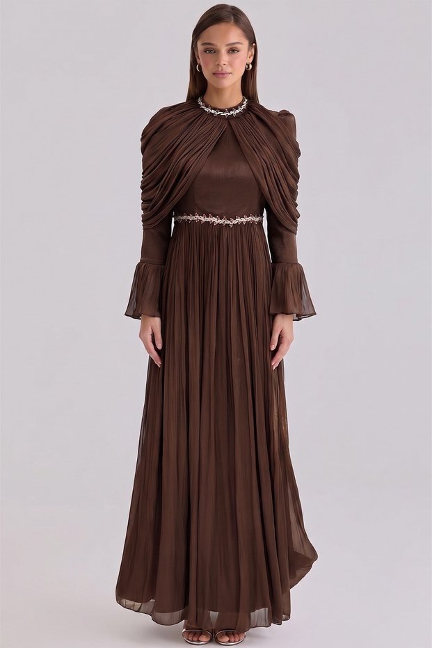 Volan and Stone Detailed Pleated Yoryo Silk Hijab Evening Dress Brown 1260