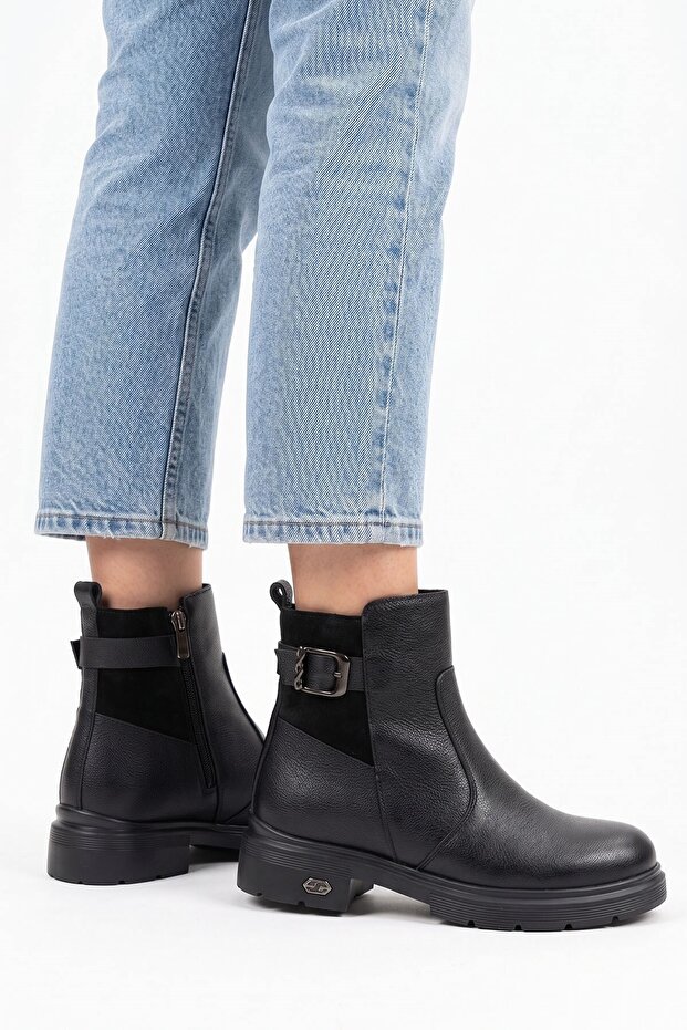 Contesa side buckle zippered women's genuine leather boots black skin