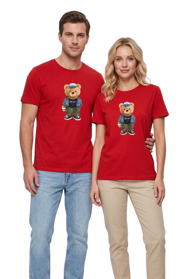 Unisex White Teddy Bear Printed 100% Cotton Oversize Crew Neck T-Shirt