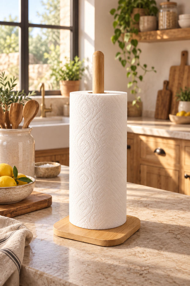 Bamboo Roll Napkin Holder Round Base Natural Wood Paper Towel Holder Kitchen Stand