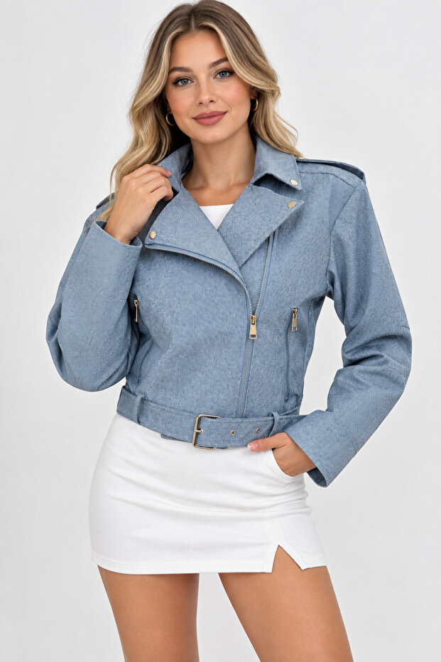 Denim Look Short Belted Jacket
