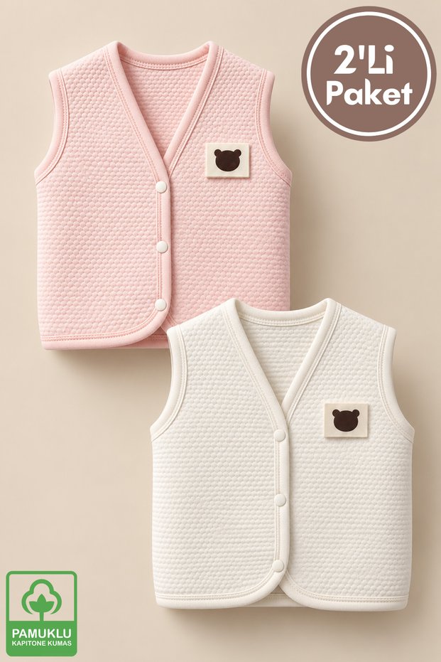 Unisex Baby Teddy Bear Embroidered Organic Cotton 3-6-9 Months 2-Piece Quilted Baby Vest Set