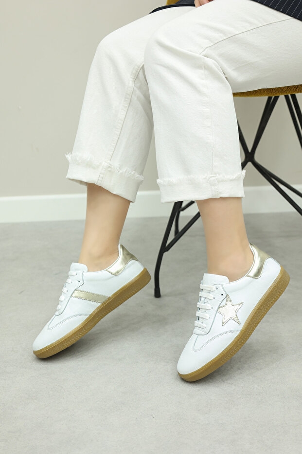 Genuine Leather White Gold Women's Casual Shoes 182Za2325Yld