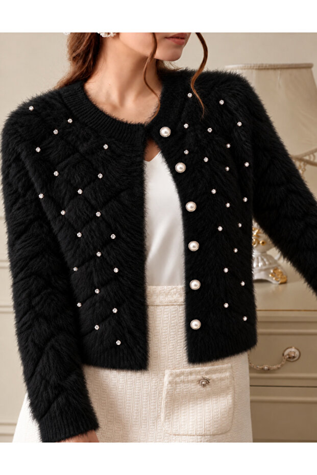 Women's Diamond Pattern Stone Detailed Plush Look Knitwear Basic Cardigan