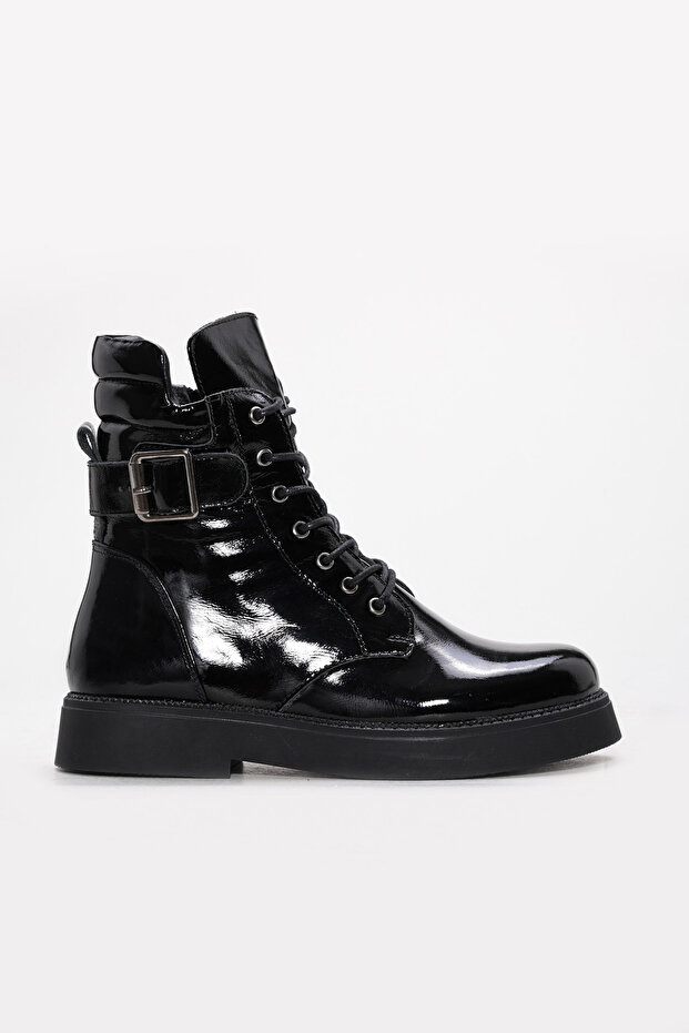 Genuine Leather and Fur Black Patent Leather Women's Classic Boots 657Sza2506