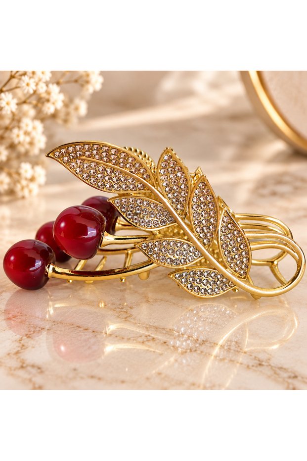 Leaf Figured Cherry Detailed Stoned Women's Hair Clip Stylish Elegant Accessory School Daily Special Occasion Use