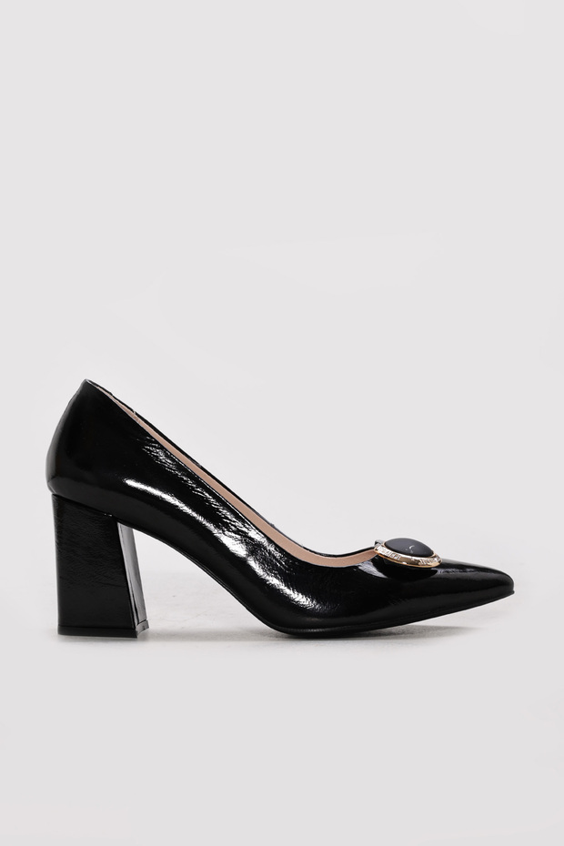 Genuine Leather Black Patent Leather Women's Thick Heeled Shoes 215Za3164