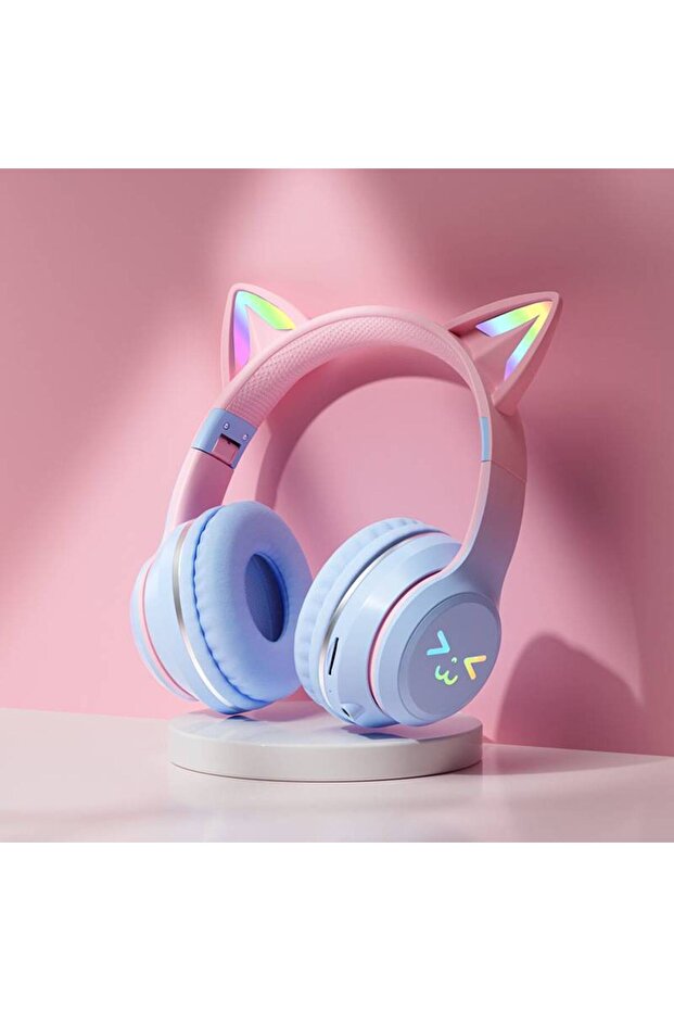 blue Gradient wireless Headphones RGB cute cat ear Bluetooth Earphones with microphone Stereo Music