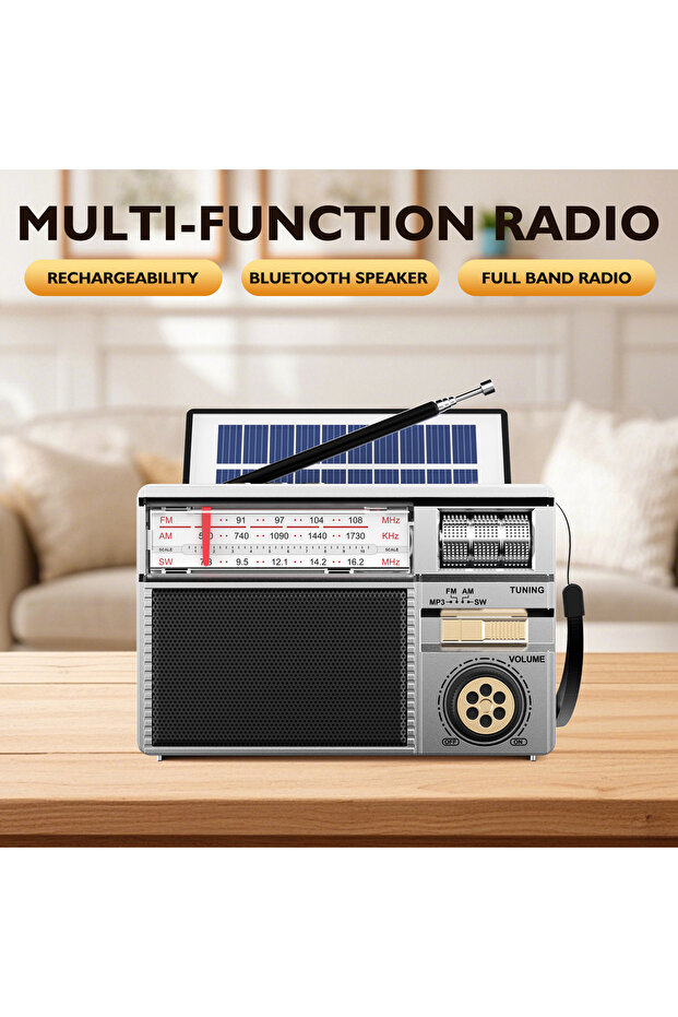 Silver Retro All-Band Radio with Wireless Audio Connectivity, Solar & Multi-Mode Charging, Long-Last