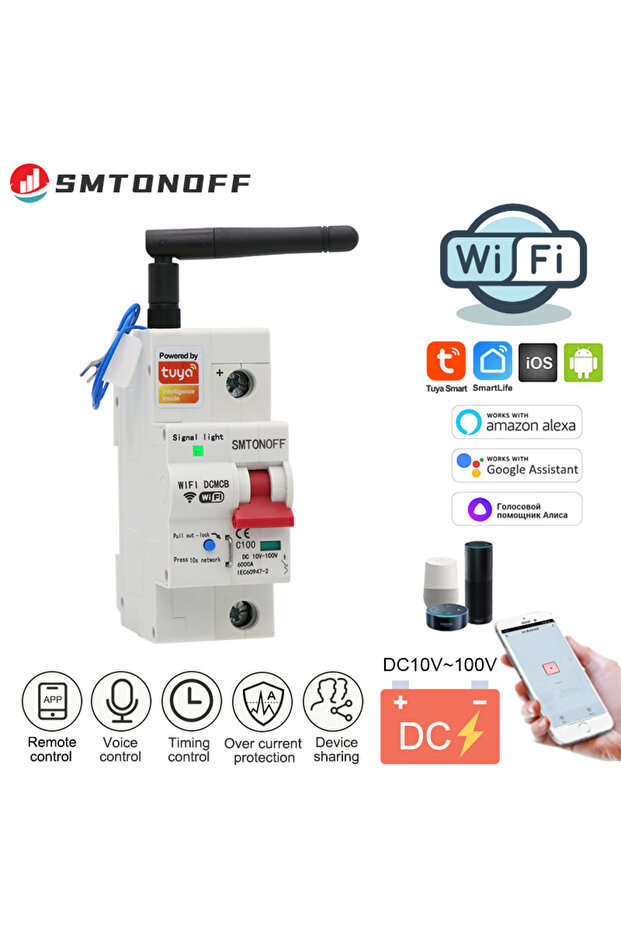100A Tuya Smart Life WiFi DC Smart Circuit Breaker 12V 24V 48V Overload Short Circuit Protection wit
