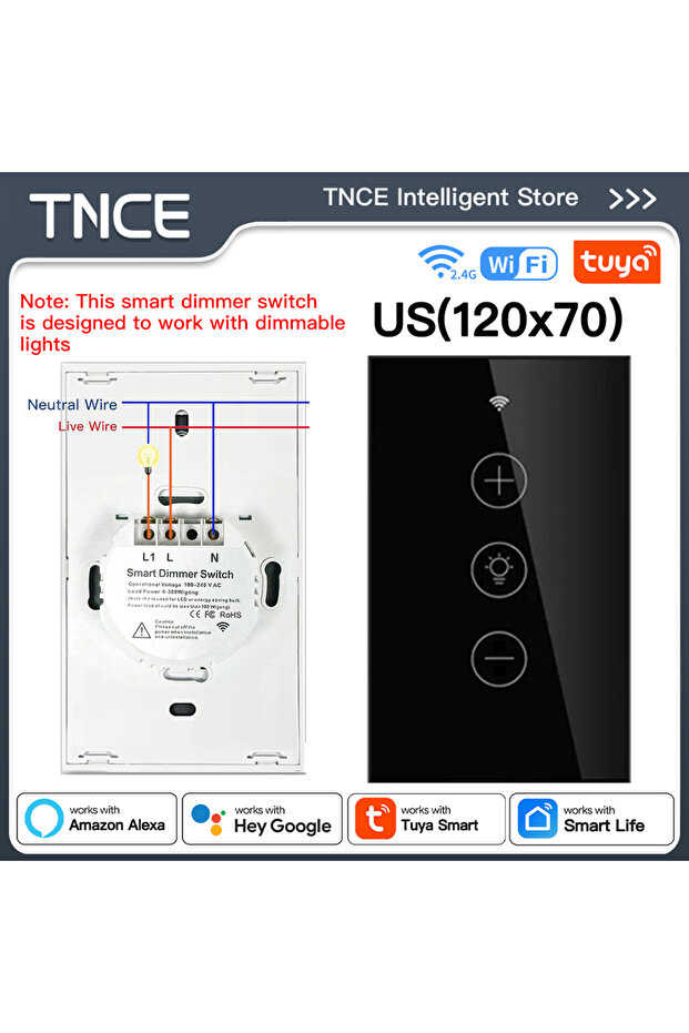 Smart Dimmers Black US 120x72 TNCE Tuya Dimmer Switch WIFI EU/US Brightness adjust LED Light Dimmer