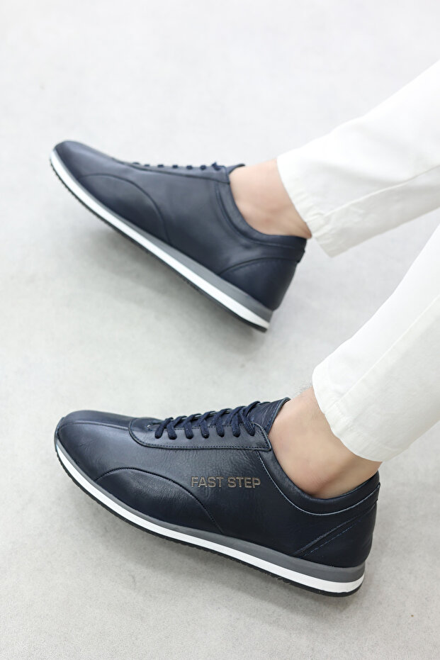 Genuine Leather Navy Blue Men's Sports Shoes 154Mabnt