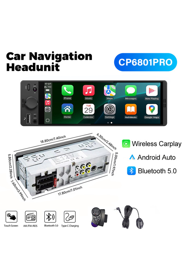 Wireless-0 1DIN 6.86inch Universal MP5 Car Radio Support Wireless Carplay Android AUTO AUX USB BT To