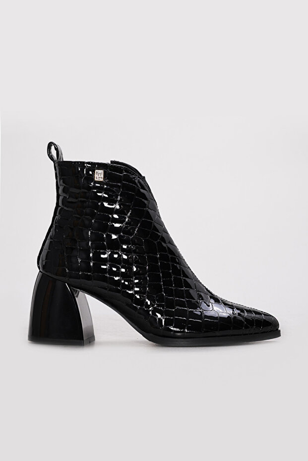 Genuine Leather Black Crocodile Patent Leather Women's Thick Heeled Boots 064Sza805