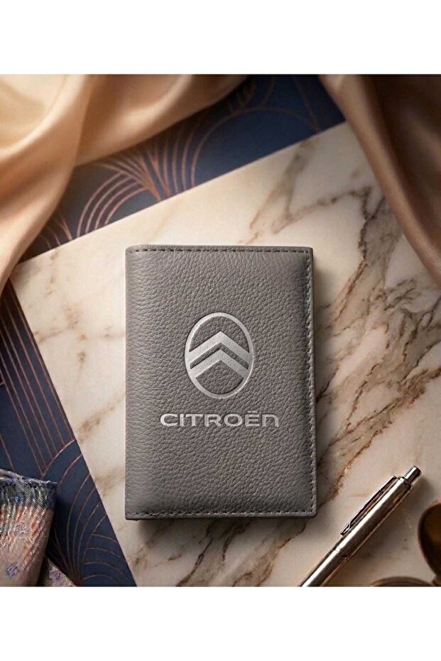 Citroen Gray Leather Stitched License Case Container Auto Vehicle License Holder License Protector