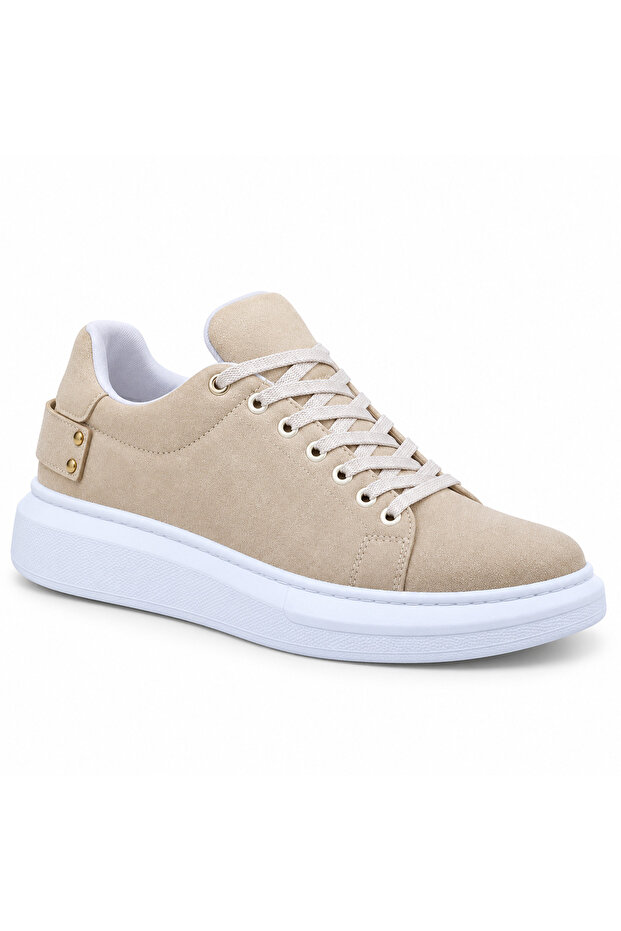 Beige Suede Thick Soled Men's Sneaker - Breathable Comfortable Sports Shoes Kb047