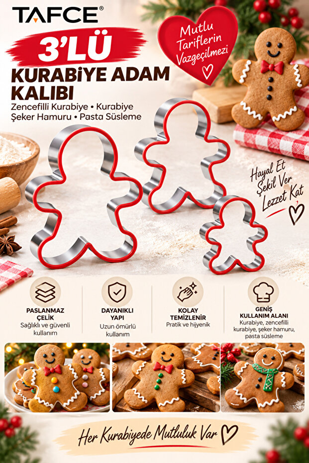 3-Piece Stainless Steel Cookie Mold - Gingerbread Man Shaped