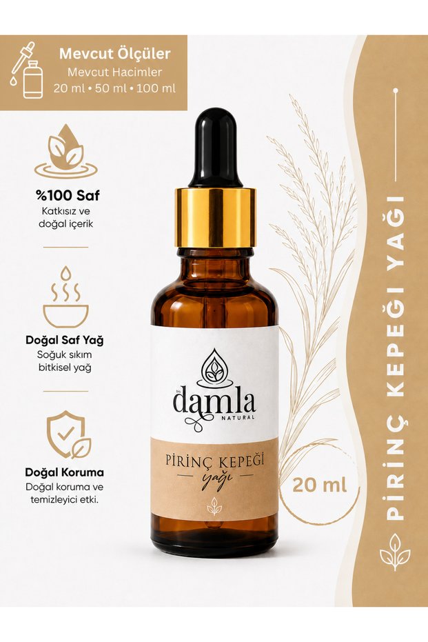 Pirinç Kepeği Yağı 20 ml - E Vitaminli - Yüz ve Cilt Bakımı - Soğuk Sıkım %100 Saf & Organik - Rice Bran Oil