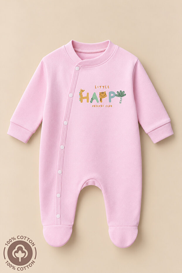 Unisex Happy Printed 0-6 Months Combed Organic Cotton Baby Romper with Booties