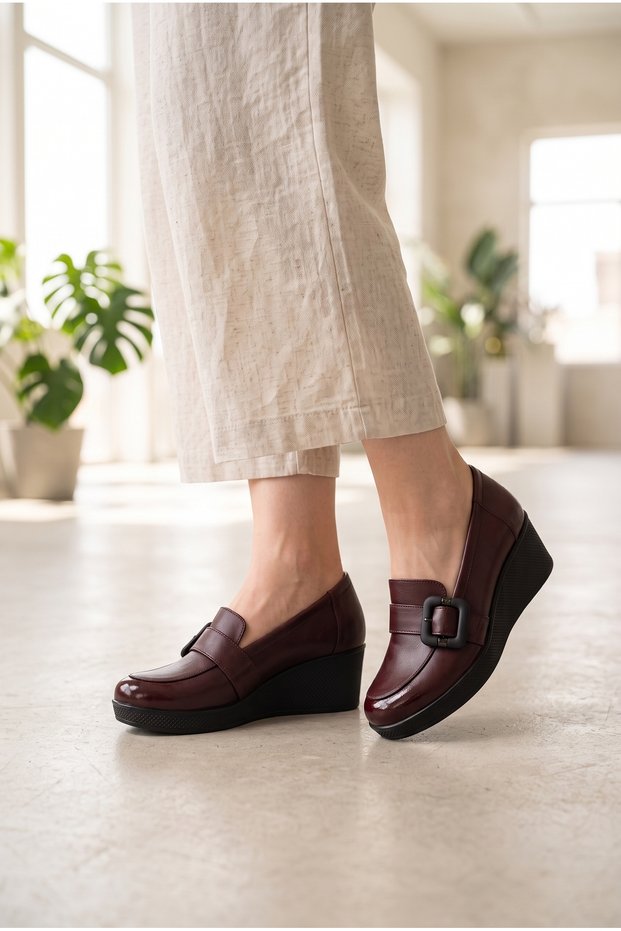 Women's Genuine Leather Patent Leather Detailed Large Buckle Wedge Heel Classic Loafer Shoes