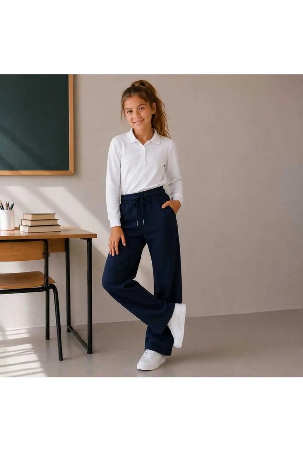 Girls' Wide-Leg School Pants with Elastic Waist, Navy Blue Sports Sweatpants
