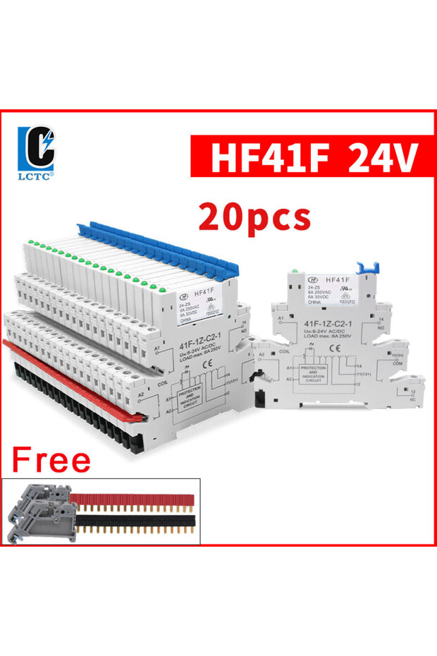 20PCS 24V 20PCS Relay HF41F DIN Rail Slim Relay Module 5V 12V 24V With LED 6A Industrial Interface R