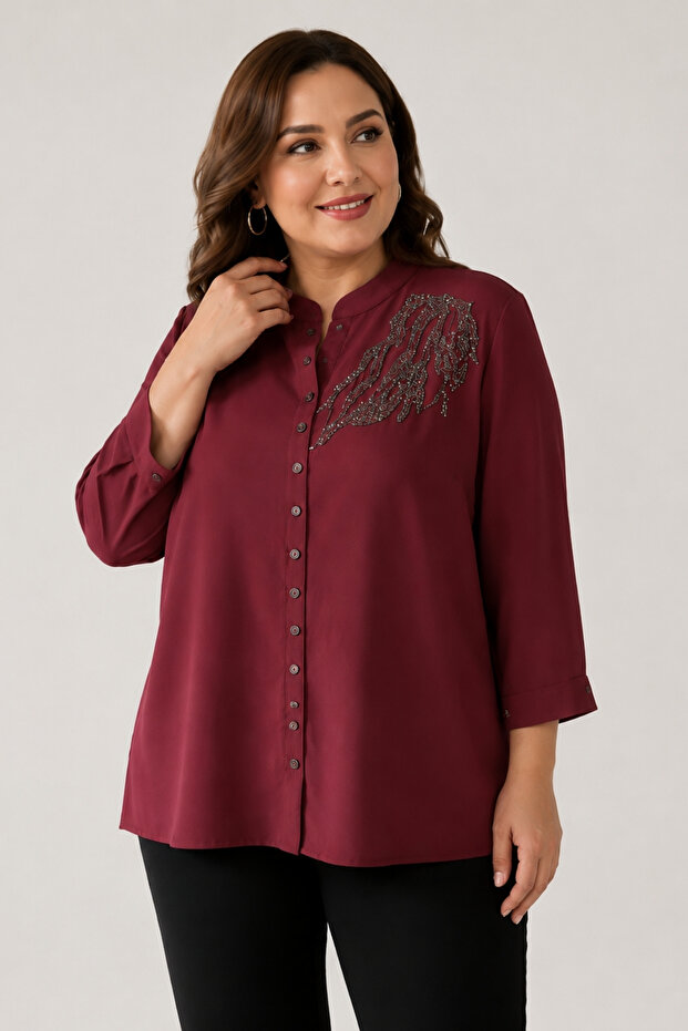 Women's Chest Embellished Button Detail Wide Size Blouse