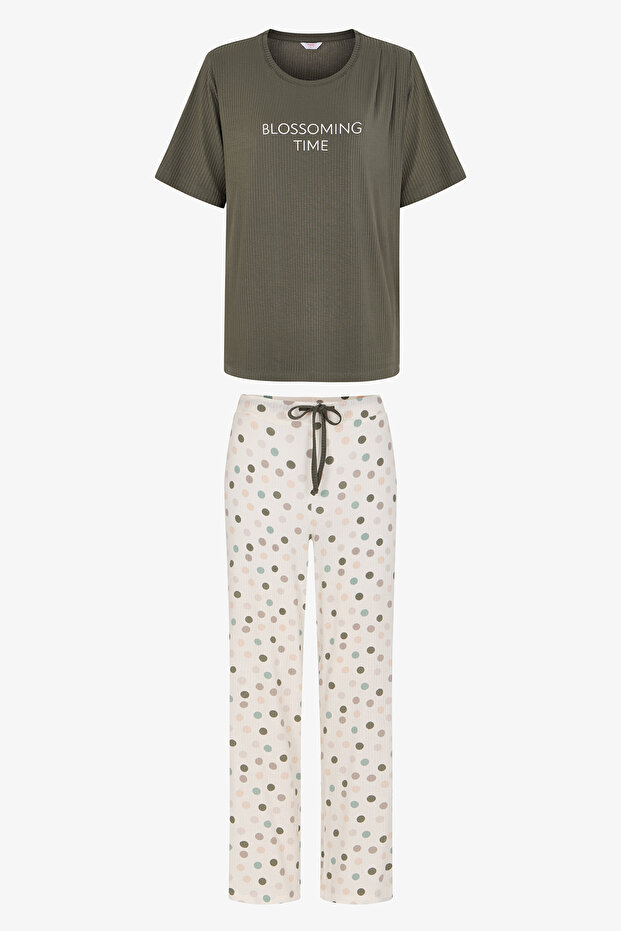 Haki Mama Blossoming Time Polka Dot Patterned Pants Short Sleeve Pajama Set