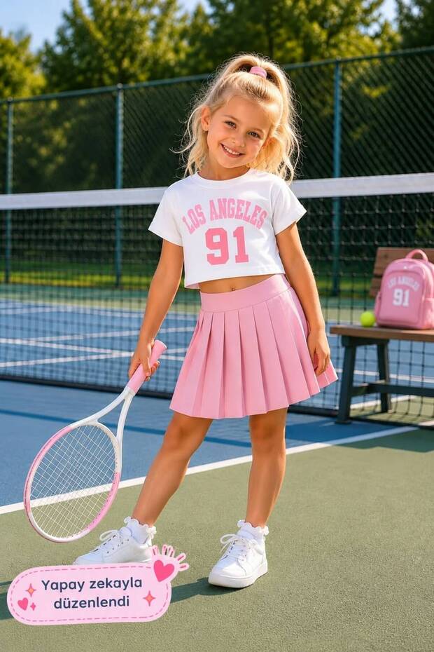 Pleated Skirt Printed Girl's Suit