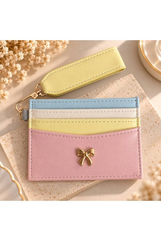 Women's Keyring Card Holder Wallet with Bow Detail, Faux Leather, Multi-Pocket Card Compartments, Stylish, Elegant, Practical, Slim