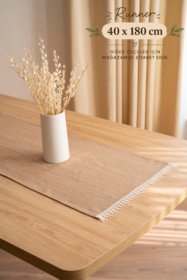 100% Cotton Guipure Runner Brown Lace Linen Textured Tablecloth 40X180 cm