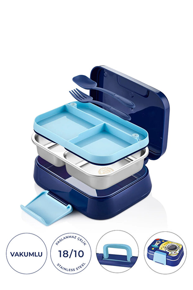 Happii Vacuum 4 Compartment Stainless Steel Children's Nutrition Container - Astronaut Pattern Lunch Box
