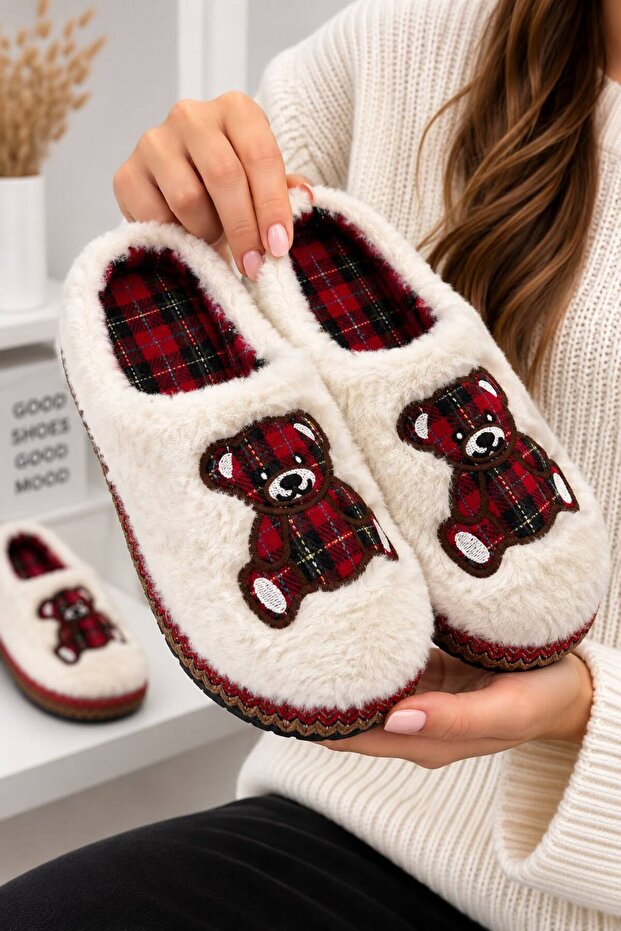 Women's Plaid Patterned Bear Figured Soft Plush Winter House Slippers New Season