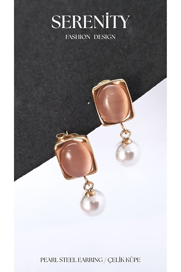 Opal Stone Square Figure Pearl Steel Earrings