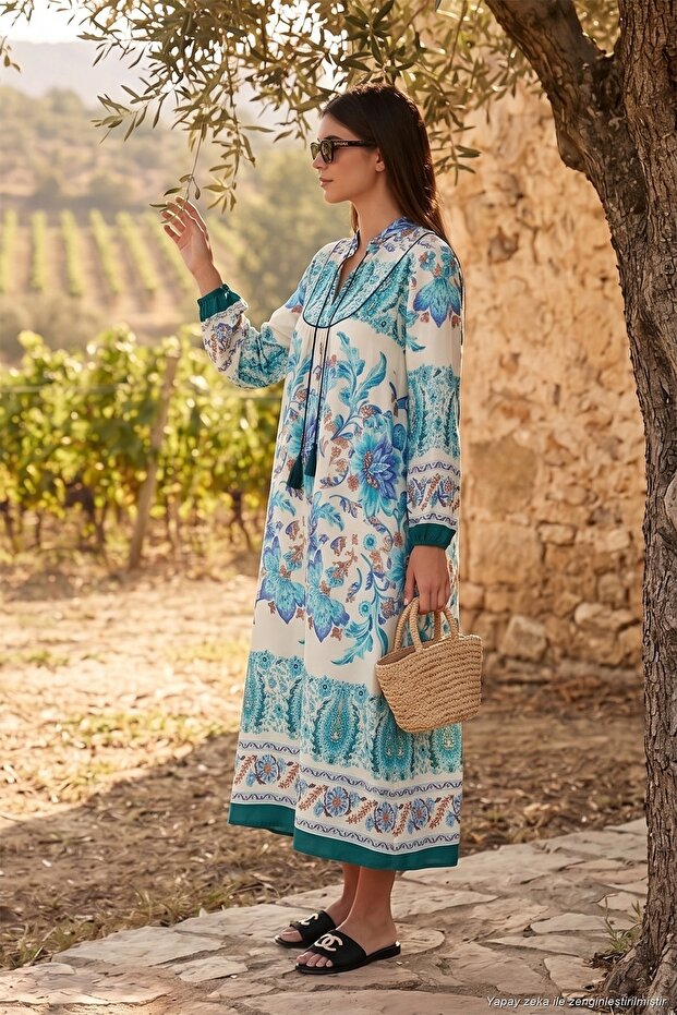 Modest Patterned Regular Fit Tie-Up V-Neck Maxi Dress Women Dress 611El510