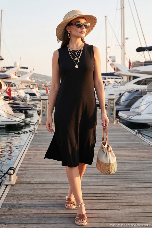 Regular Fit Crew Neck Slit Detailed Basic Midi Dress Women's Dress 5866160
