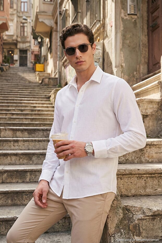 Cotton and Linen Blend Regular Fit Classic Collar Long Sleeve Shirt Men's Shirt Cf26S1210134