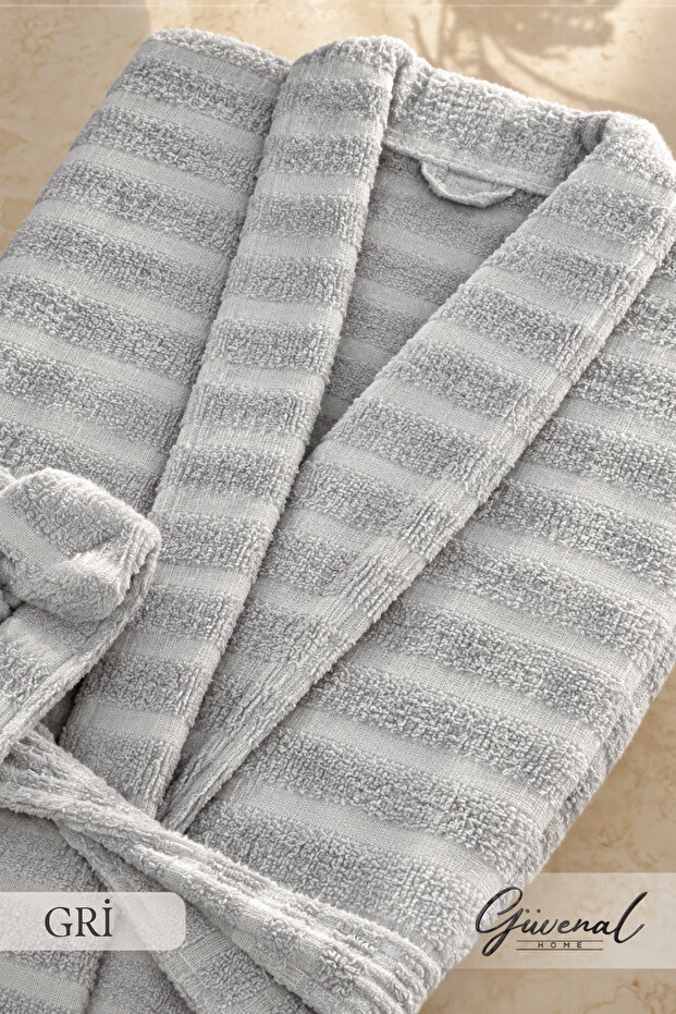 Lily | Cotton Unisex Shawl Collar Striped Bathrobe with Pockets | Women's Bathrobe | Men's Bathrobe | Bathroom | Home Textiles | Dowry - 1 Piece