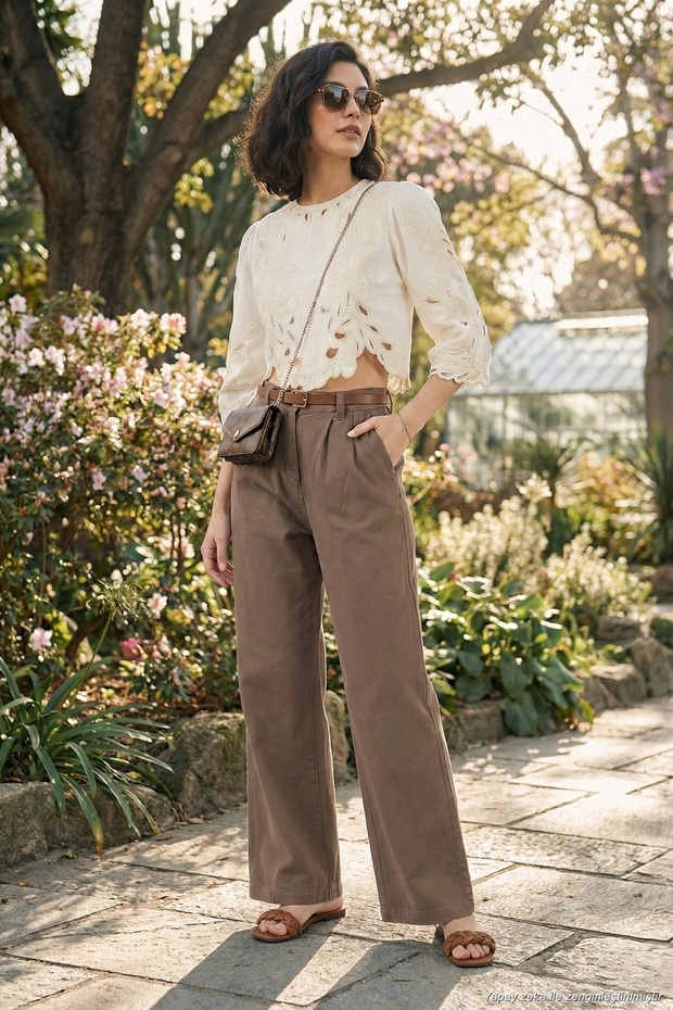 Cotton Wide Leg High Waist Wide Leg Belted Trousers Women's Pants 668Yp5429
