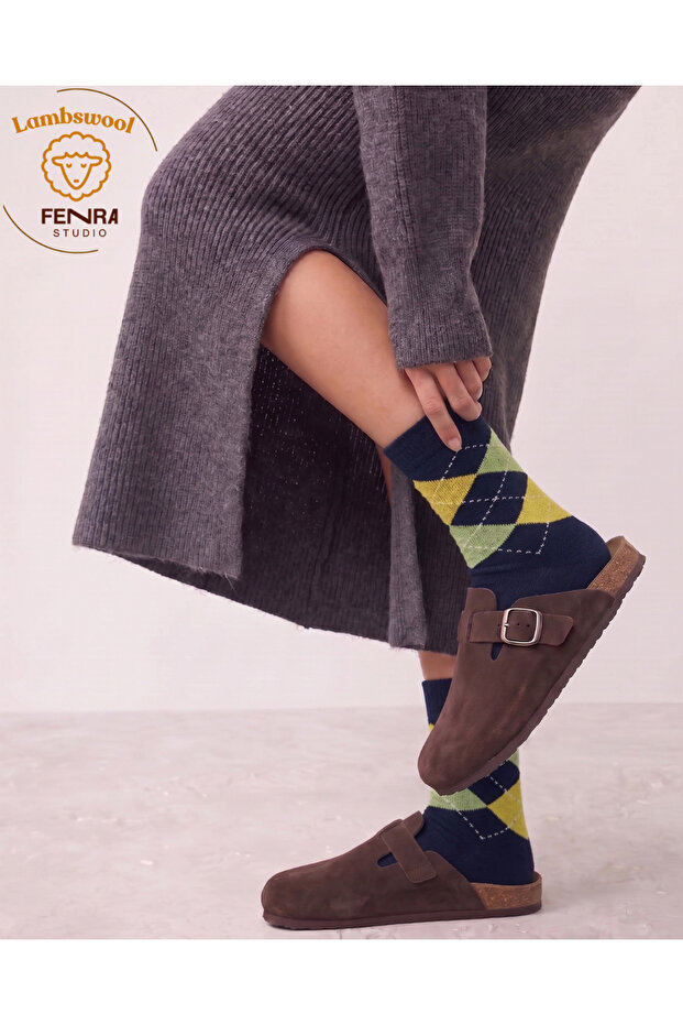 Women's Winter Thermal Wool Warm Lambswool Navy Blue Yellow Green Argyle Socks