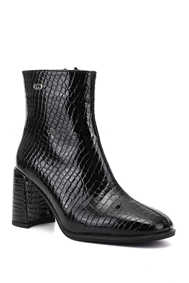 Women's Black Crocodile Zippered Blunt Toe Thick Heeled Boots