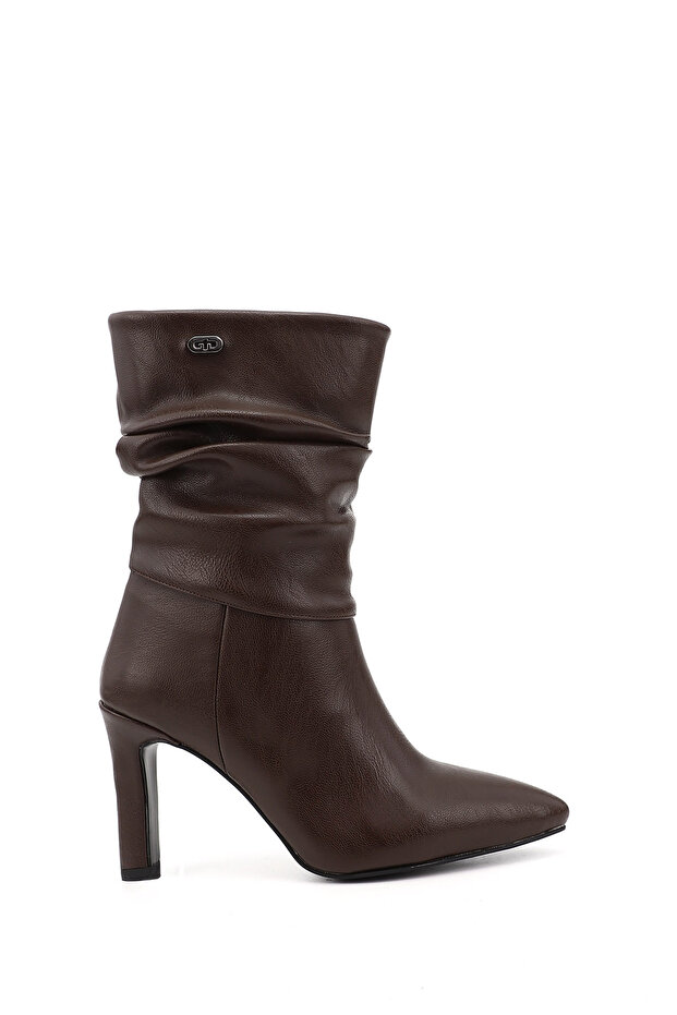 Women's Brown Pointed Toe Bellows Thin Heeled Boots