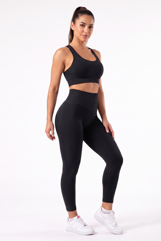Women's Black Seamless Push up Gathering Sports Leggings and Bustier Set - Yoga Pilates