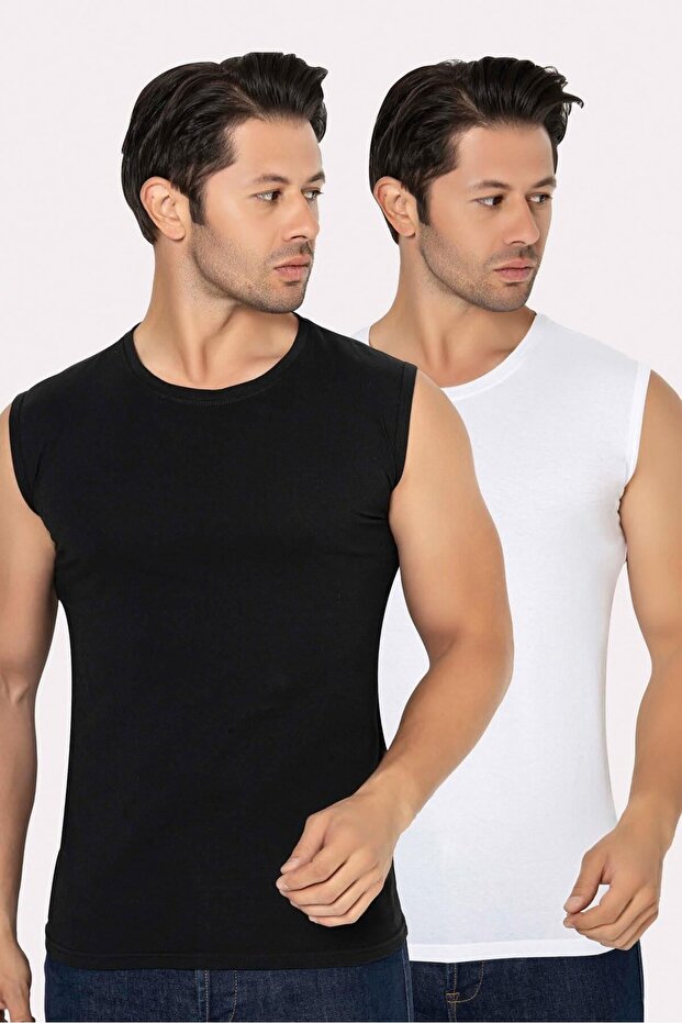 2-Piece White Black Men's Crew Neck Sleeveless T-Shirt Undershirt Cotton Lycra Soft Flexible Fabric