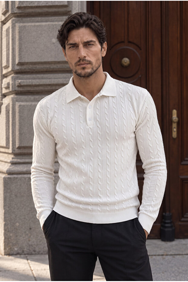 Kieslowski Fine Knit Polo Collar Buttoned Men's Knitwear Sweater - White