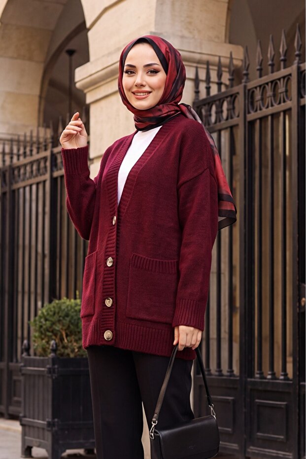 Buttoned Double Pocket Casual Knitwear Cardigan -Burgundy