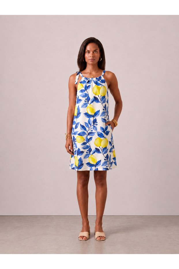 Lemon Patterned Viscose Halter Dress with Pockets