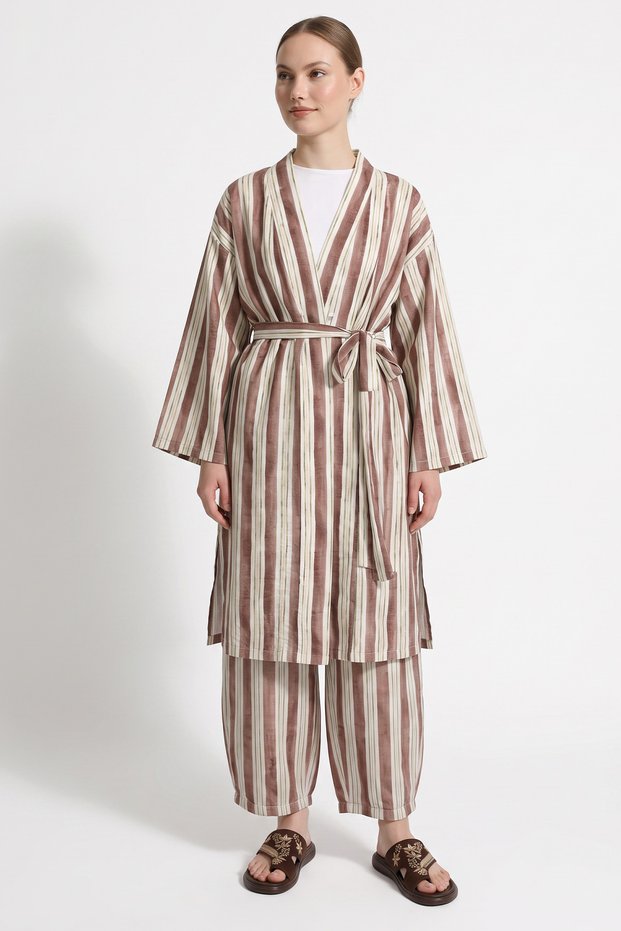 Striped Kimono Set Y0169 - Brown